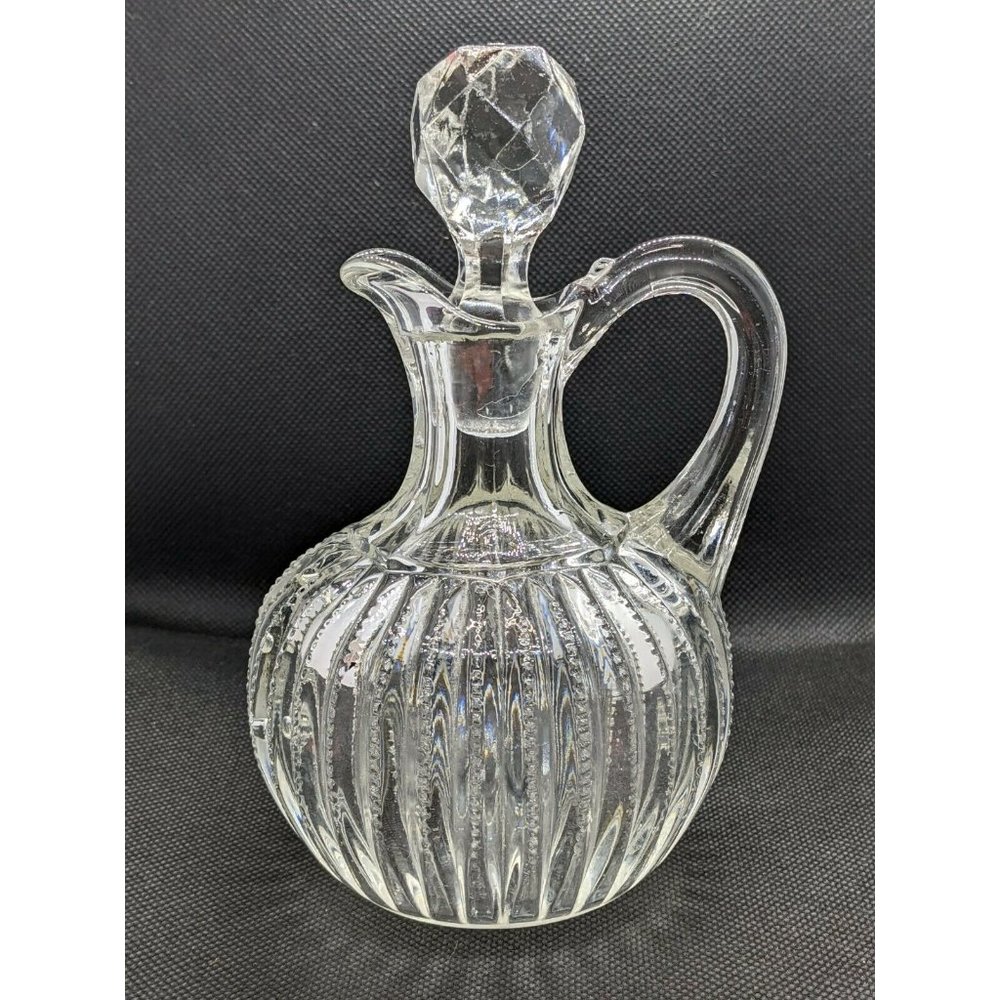 Vintage Pressed Glass Vertical Fluted Diamond Zig Zag CRUET Faceted Stopper  6"H